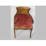 A 19TH CENTURY DUTCH MAHOGANY ARMCHAIR, the headrest and scrolling arms inlaid with marquetry and