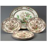 A SET OF FIVE LATE 19TH/EARLY 20TH CENTURY OVAL IRONSTONE PLATTERS, with the Indian Tree design
