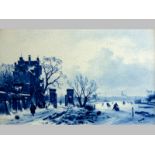 A DELFT TILE BY MANN LEICKUT, hand painted in typical Delft white and blue depicting a winter scene,
