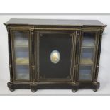 A VICTORIAN EBONIZED AND GILT CREDENZA, the geometric top with inlays and beading above a