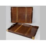 A PAIR OF BRASS-BOUND MAHOGANY TRAYS, each rectangular tray surmounted by a shaped gallery,