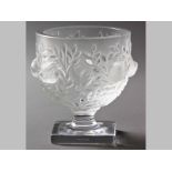 A LALIQUE FROSTED AND POLISHED GLASS VASE, with sparrows and vines on a square pedestal base, base