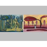 Jo Patch (1937- ) GESTATION & WILDERNES (PAIR), Oil on board, Signed, titled verso, 58 by 79cm (