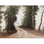Victori Visser (20th Century) GRAVEL ROAD THROUGH TREES, oil on board, signed, 44 by 59cm