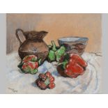 Conrad Nagal Doman Theys (1940- ) STILL LIFE OF JUG, BOWL AND PEPPERS, pastel on paper, signed and