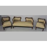 AN EARLY 20TH CENTURY CONTINENTAL MAHOGANY SMALL SUITE, the settee with scrolling arms,