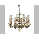 A CERAMIC AND BRASS EIGHT-LIGHT CHANDELIER, each drip pan with a ceramic attachment, on foliate
