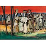 Jan Dingemans (1921-2001) CONGOLESE WOMEN CARRYING WATER, oil on board, signed, 21 by 29cm