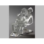A LALIQUE FROSTED AND POLISHED GLASS FIGURINE OF LOVERS, male and female nude in kneeling