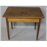 AN EARLY 19TH CENTURY CAPE STINKWOOD AND YELLOWWOOD SIDE TABLE, the yellowwood top with rounded