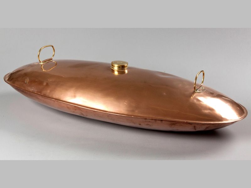 A 19TH CENTURY COPPER AND BRASS BED WARMER, of oval shape and large proportions, 75cm long.