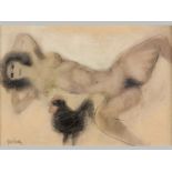 Douglas Owen Portway (1922-1993) FEMALE NUDE WITH CHICKEN, mixed media on board, signed in pencil,