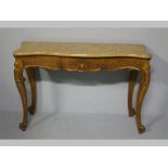 A 19TH CENTURY MAHOGANY CONSOLE TABLE, the antico d'or marble top above a serpentine carved frieze