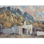 SYDNEY CARTER (1874 - 1945), WORKERS COTTAGES BENEATH MOUNTAINS. Watercolour on paper. Signed. 22 by