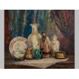 SYDNEY TAYLOR (1870 - 1952), STILL LIFE OF ORIENTAL COLLECTABLES. Oil on board. Signed. 49 by 60cm.