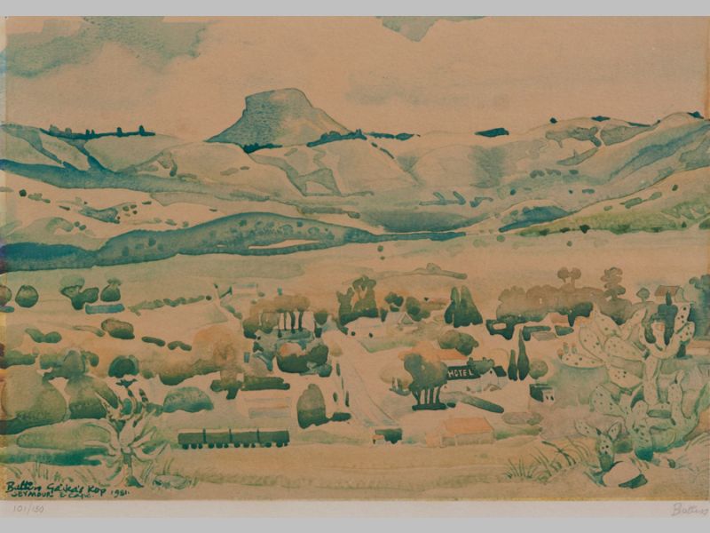 WALTER WHALL BATTISS (1906 - 1982), GAIKA'S KOP, SEYMORE EASTERN CAPE. Colour lithograph on paper.