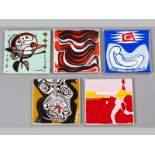 A COLLECTION OF FIVE TILES DECORATED BY SOUTH AFRICAN ARTISTS, Circa 1970, comprising Cecil Skotnes,