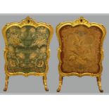 A GILT FIRE SCREEN IN THE FRENCH MANNER, the serpentine frame decorated with stylized foliage,