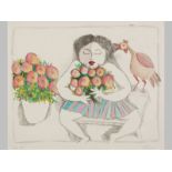 PIETER VAN DER WESTHUIZEN (1931 - 2008), GIRL WITH FLOWERS AND CHICKEN. Colour etching on paper.