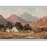 DONALD (DON) JAMES MADGE (1920 - 1997), FARM COTTAGES IN LANDSCAPE. Oil on board. Signed. 60 by