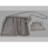 A .800STD SILVER LADIES MESH BAG, with chain carrying handle, together with a similar purse,