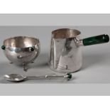 A CONTINENTAL STERLING SILVER ART DECO STYLE CREAMER AND SUGAR BASIN, creamer with malachite handle,