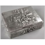 A DANISH SILVERPLATE CIGAR BOX, the hinged cover and sides embossed with tavern scenes, interior