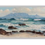 DINO PARAVANO (1935-), VIEW OF TABLE MOUNTAIN FROM BLOUBERG. Oil on board. Signed. 44 by 59cm.