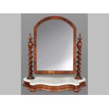 A VICTORIAN MAHOGANY DRESSING MIRROR, the plate housed in an arched frame supported on barley