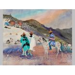 CATHERINE PAYNTER (1949-), BASUTO MEN ON HORSEBACK. Acrylic on canvas. Signed. 38 by 48cm.