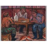 KENNETH BAKER (1921 - 1996), MEN SOCIALIZING. Oil on board. Signed. 34 by 44.5cm.