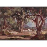 JOHAN OLDERT (1912 - 1984), FARMHOUSE BENEATH TREES. Oil on board. Signed. 33.5 by 49cm.