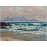 DINO PARAVANO (1935-), VIEW OF TABLE MOUNTAIN FROM BLOUBERG. Oil on board. Signed. 60 by 90cm.