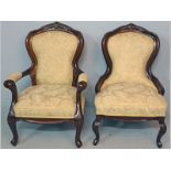 TWO UPHOLSTERED ARMCHAIRS, the hooped backs with crested rails above upholstered seats, the