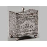 A VICTORIAN SILVER TEA CADDY, MAKERS MARKS INDECIPHERABLE, the hinged top with flame form finial,