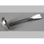 A VICTORIAN SILVER SAUCE LADLE, GLASGOW 1846, A.C., fiddle pattern, engraved with barking dog,