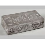 A CONTINENTAL SILVER TRINKET BOX, of rectangular form, the entire piece decorated with tavern