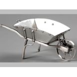 A SILVER MODEL OF A WHEEL BARROW, 7.5cm high, 19cm long, 9.5cm deep, 259g.