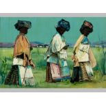 JAN DINGEMANS (1921 - 2001), THREE BASUTO WOMEN. Oil on board. Signed. 22 by 32cm.