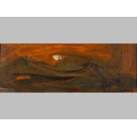 PRANAS DOMSAITIS (1880 - 1965), LANDSCAPE AT SUNSET, Oil on board, Signed, 19 x 53cm