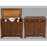 A 19TH CENTTURY DUTCH FLAME MAHOGANY DRESSING CABINET, the moulded top lifting to reveal a wash