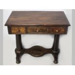 A VICTORIAN MAHOGANY WRITING TABLE, the moulded top above two short drawers, standing on turned