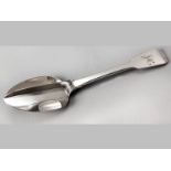 A GEORGIAN SILVER MOUSTACHE SPOON, fiddle pattern with initals, 22cm long, 96g.