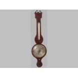 A REGENCY MAHOGANY WHEEL BAROMETER the waisted case with boxwood and ebony stringing, with a