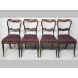 A SET OF FOUR VICTORIAN MAHOGANY DINING CHAIRS, the dished top-rails above carved plats with let-