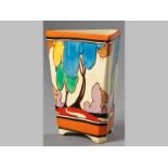 A CLARICE CLIFF "AUTUMN FANTASQUE BIZARRE" TRIANGULAR SHAPE VASE, painted in colours between red,