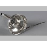 A 19TH CENTURY CONTINENTAL SILVER WINE FUNNEL, curved spout, reeded rim and border, 11cm long, 58g.