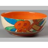 A CLARICE CLIFF "BOBBINS FANTASQUE BIZARRE" BOWL, painted in colours of orange, yellow, red, blue