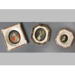 THREE MINIATURE PORTRAITS, two depicting a gentleman and the other a lady in period costume, hand-