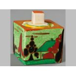 A "RED TREES AND HOUSE FANTASQUE BIZARRE" INKWELL, of square form, with removable top, painted in